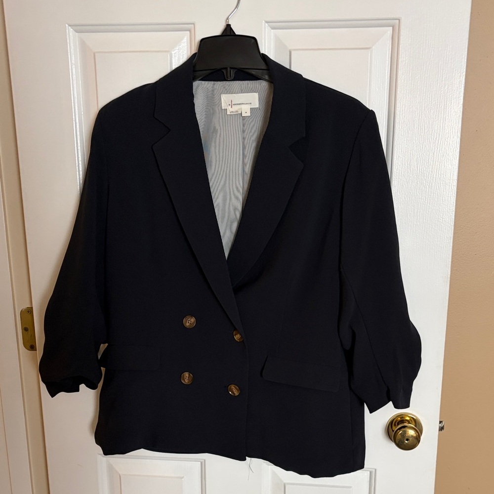 By Anthropologie Navy Double-Breasted Blazer